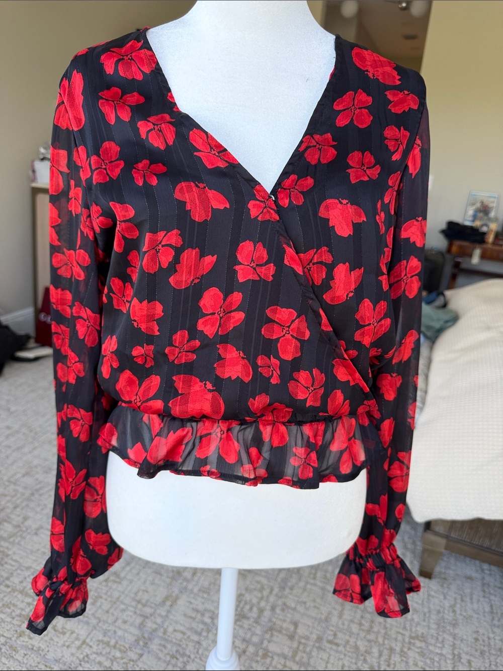 Aqua Black Blouse with Red Floral Print